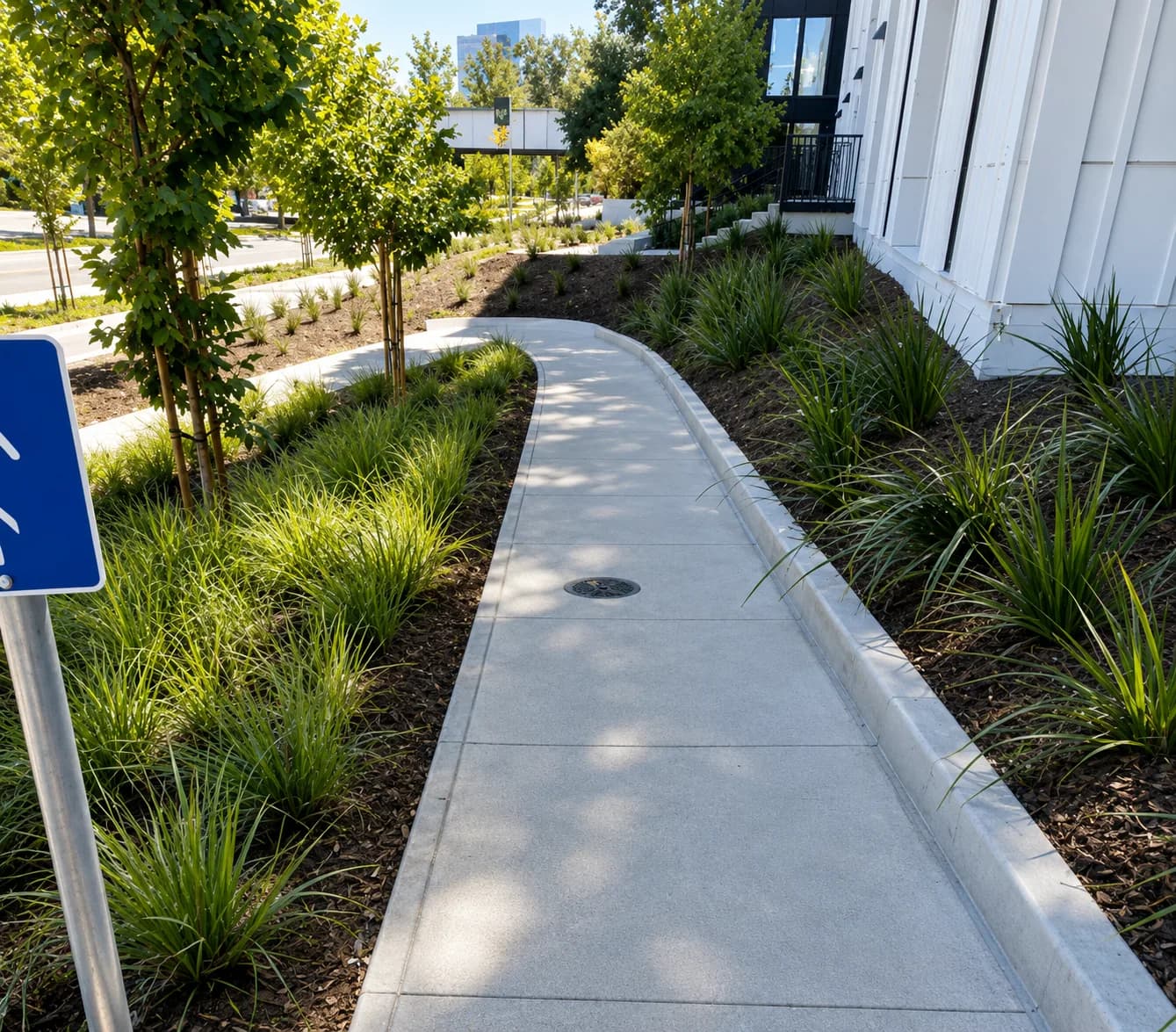 Clean concrete walkway alongside a commercial building exterior