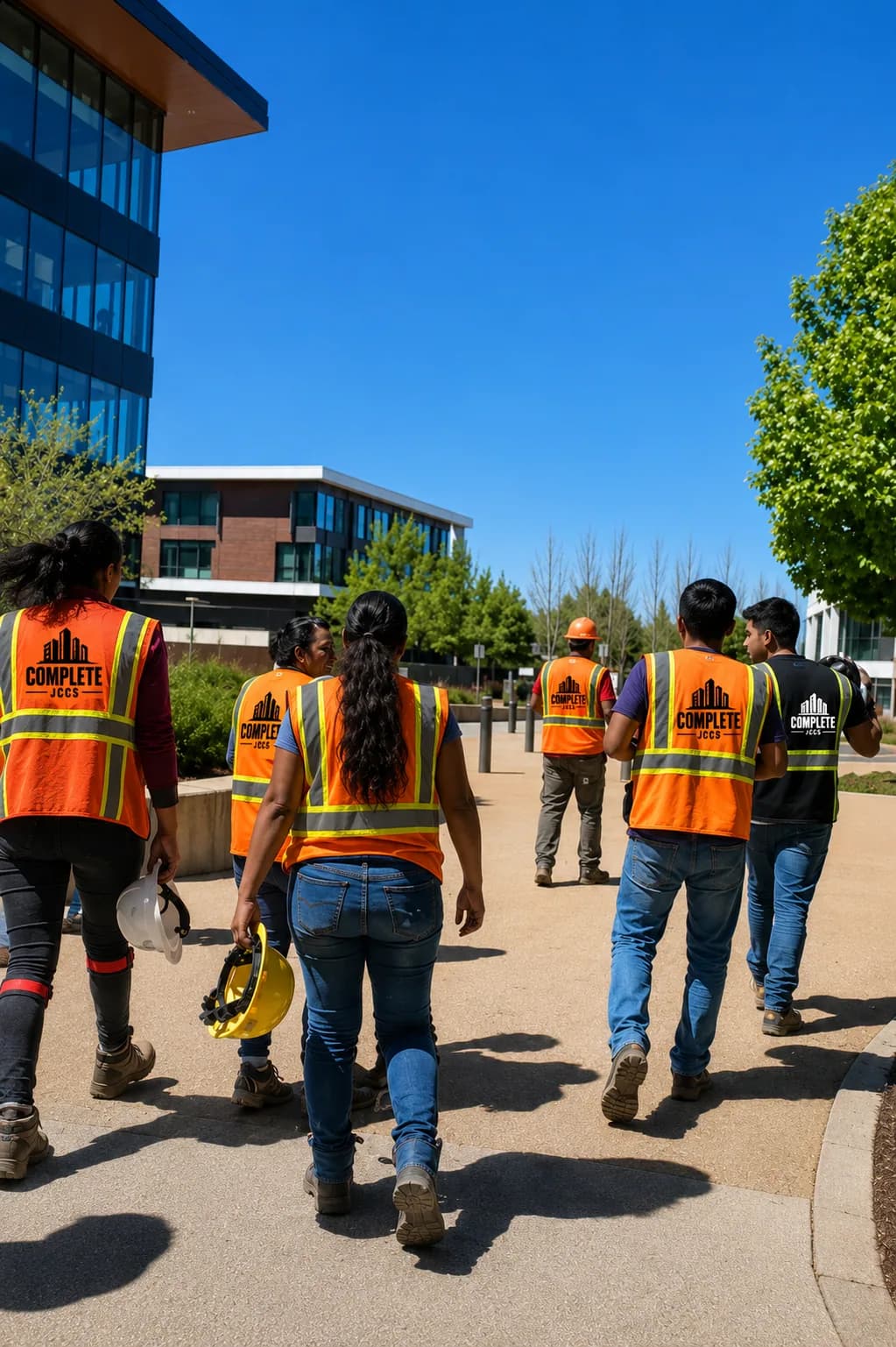 Complete JCCS labor crew in branded hi-vis vests walking onto a Northern California commercial job site