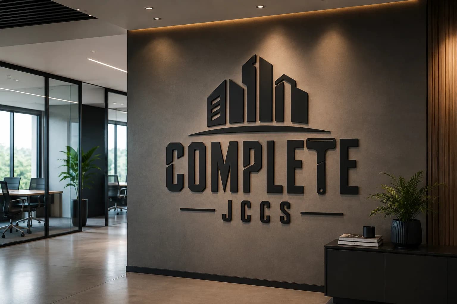 Complete JCCS branded office reception with the company logo displayed on the wall