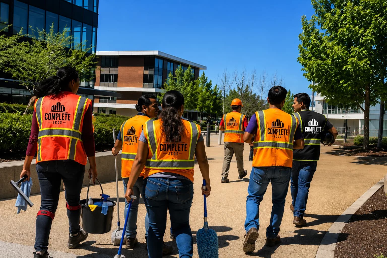 Complete JCCS crew in branded hi-vis vests arriving at a commercial building site in Northern California